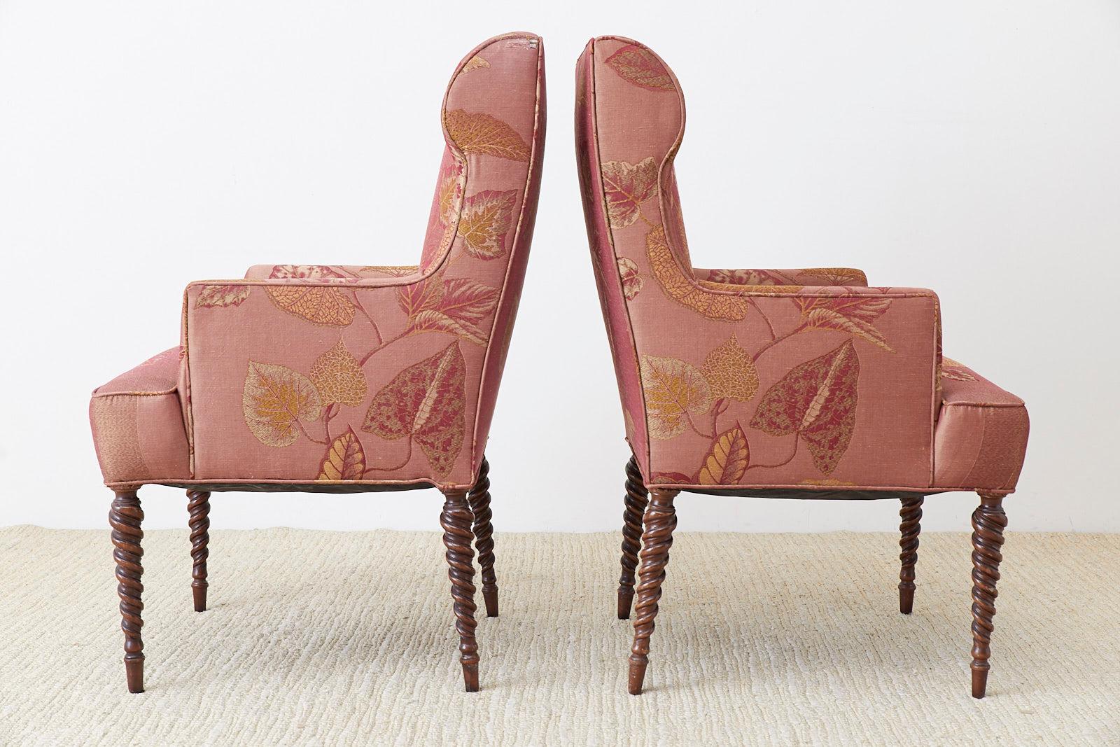 Pair of Upholstered Wingback Chairs with Barley Twist Legs 8