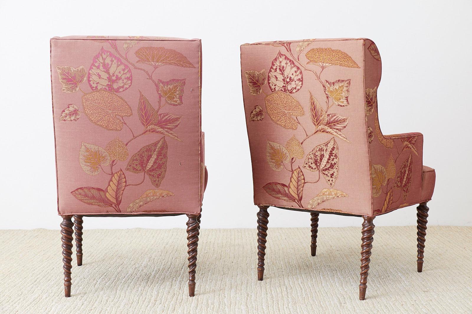 Pair of Upholstered Wingback Chairs with Barley Twist Legs 10
