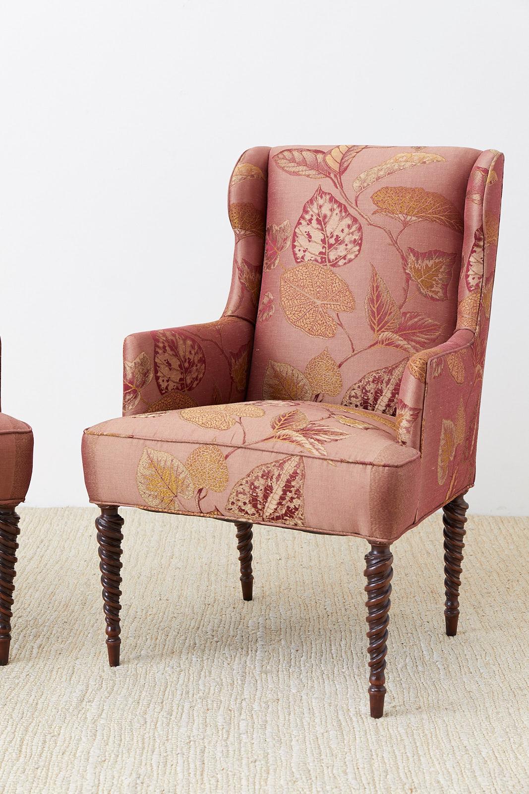Modern Pair of Upholstered Wingback Chairs with Barley Twist Legs