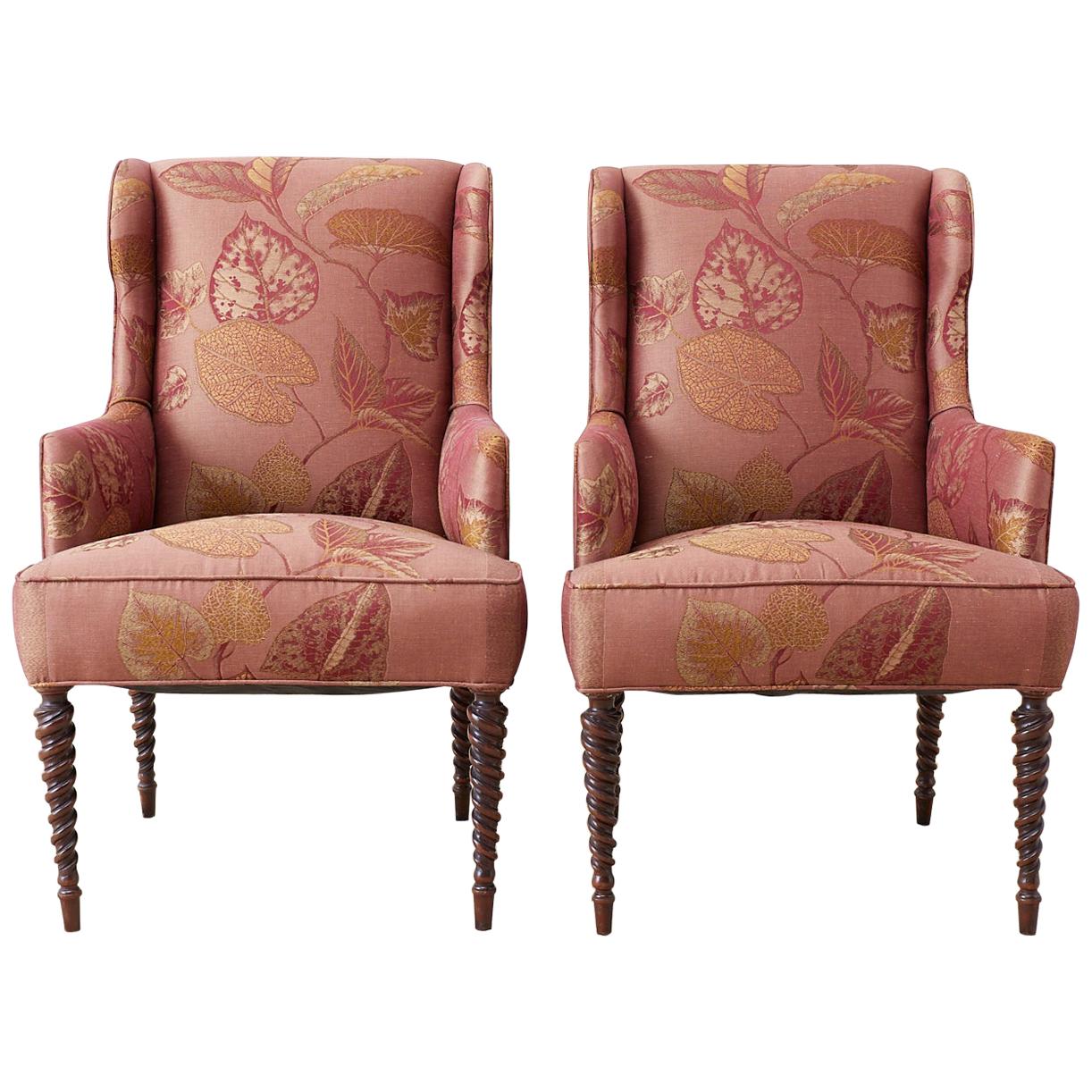 Pair of Upholstered Wingback Chairs with Barley Twist Legs