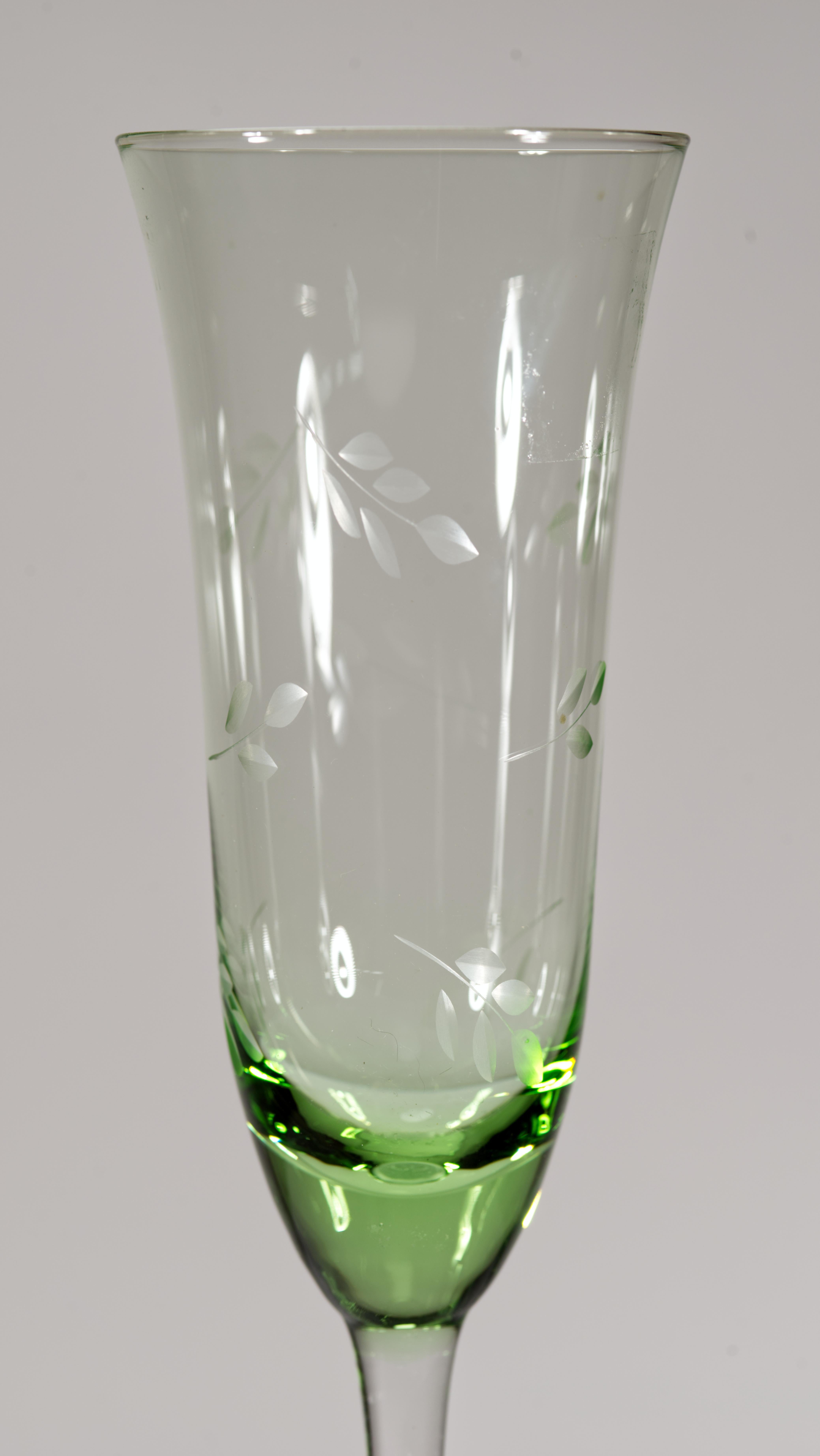 American Pair of Uranium Green Champagne Flute Glasses