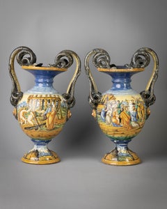 Pair of Urbino Style Majolica Vases, Early 20th Century