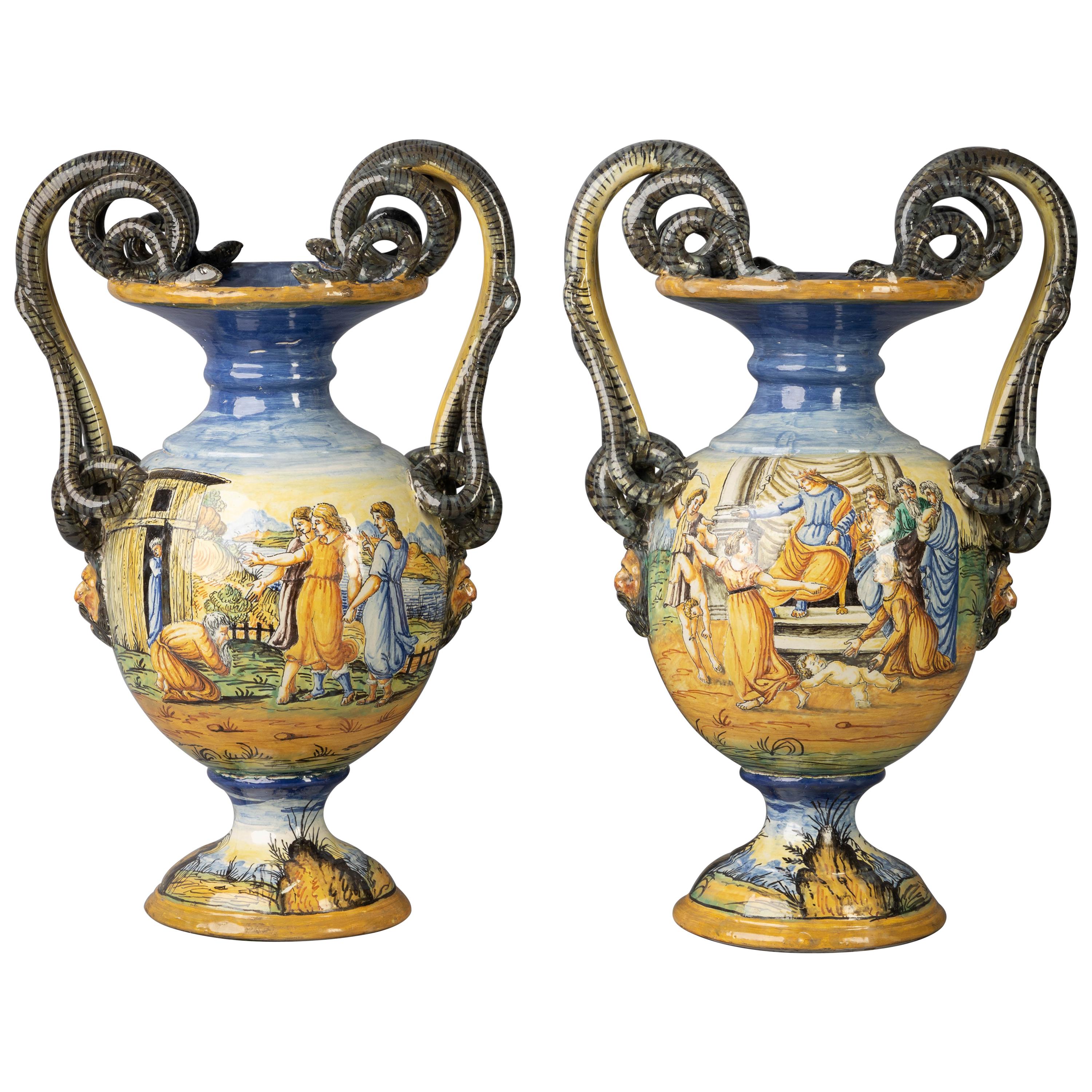 Pair of Urbino Style Majolica Vases, Early 20th Century For Sale