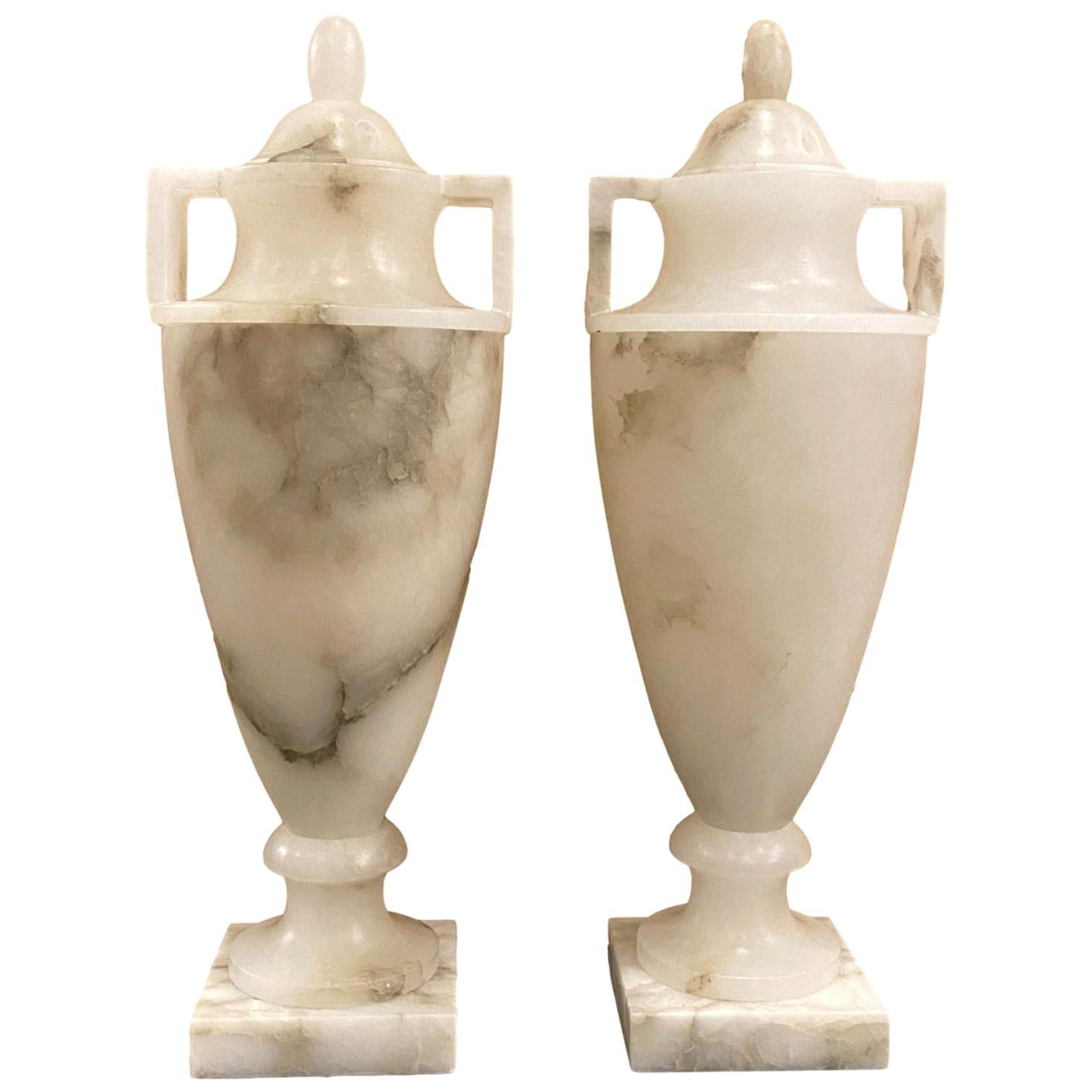 Pair of Urn Alabaster Table Lamps For Sale