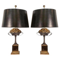 Pair of Urn and Apple Form Lamps in Iron and Rass
