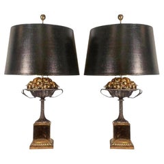 Vintage Pair of Urn and Apple Form Lamps in Iron and Rass
