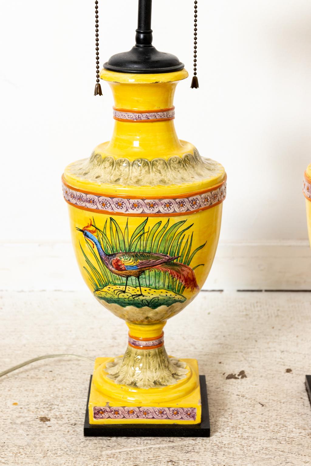 French Provincial Pair of Urn Form Majolica Lamps For Sale