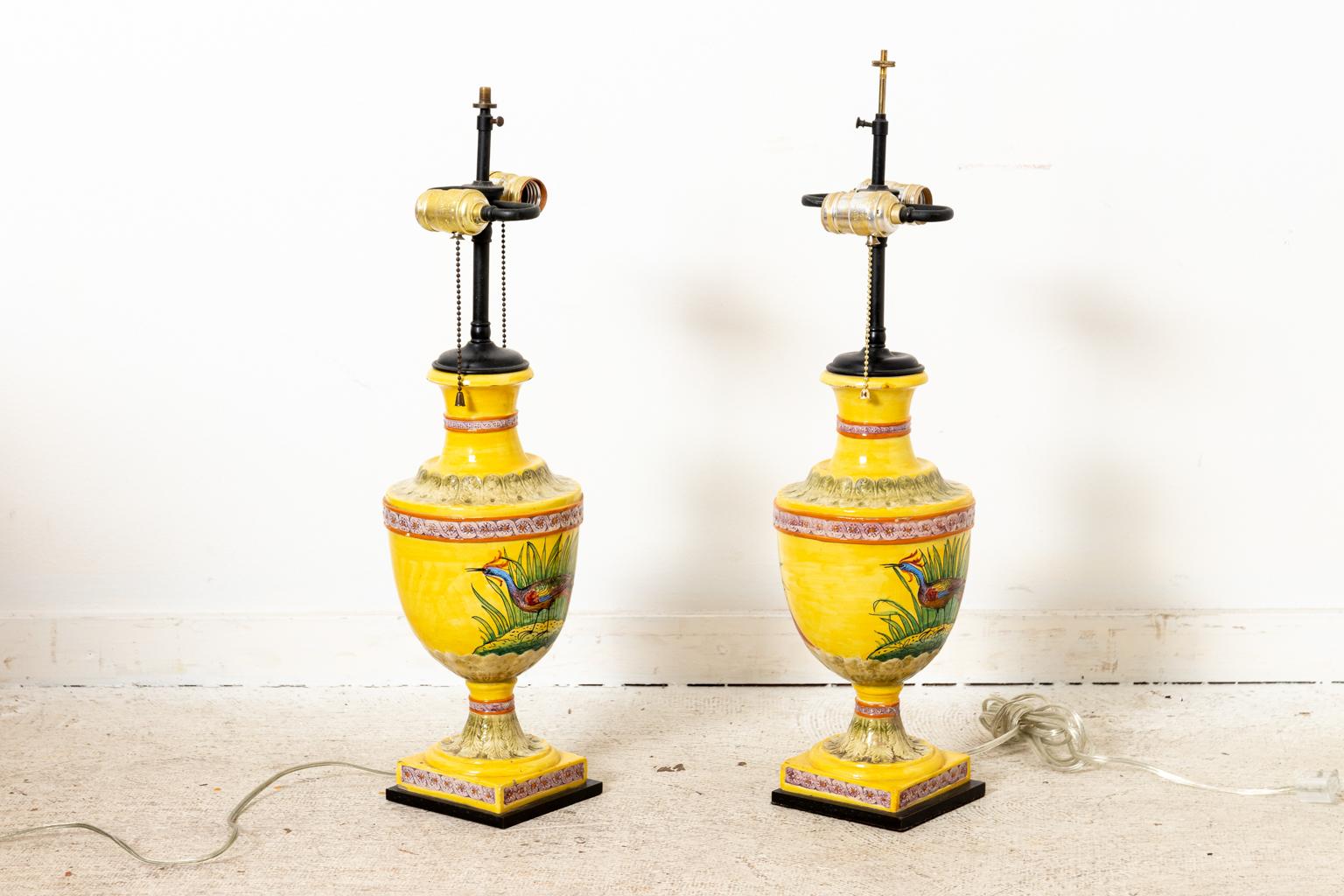 Painted Pair of Urn Form Majolica Lamps For Sale