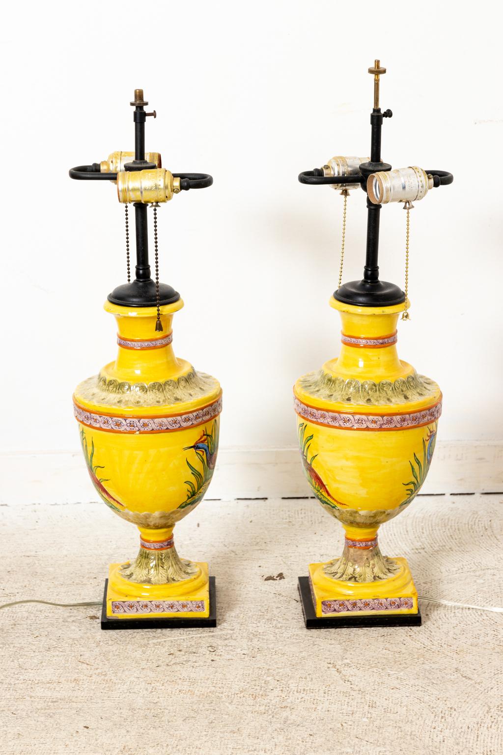 Pair of Urn Form Majolica Lamps In Good Condition For Sale In Stamford, CT