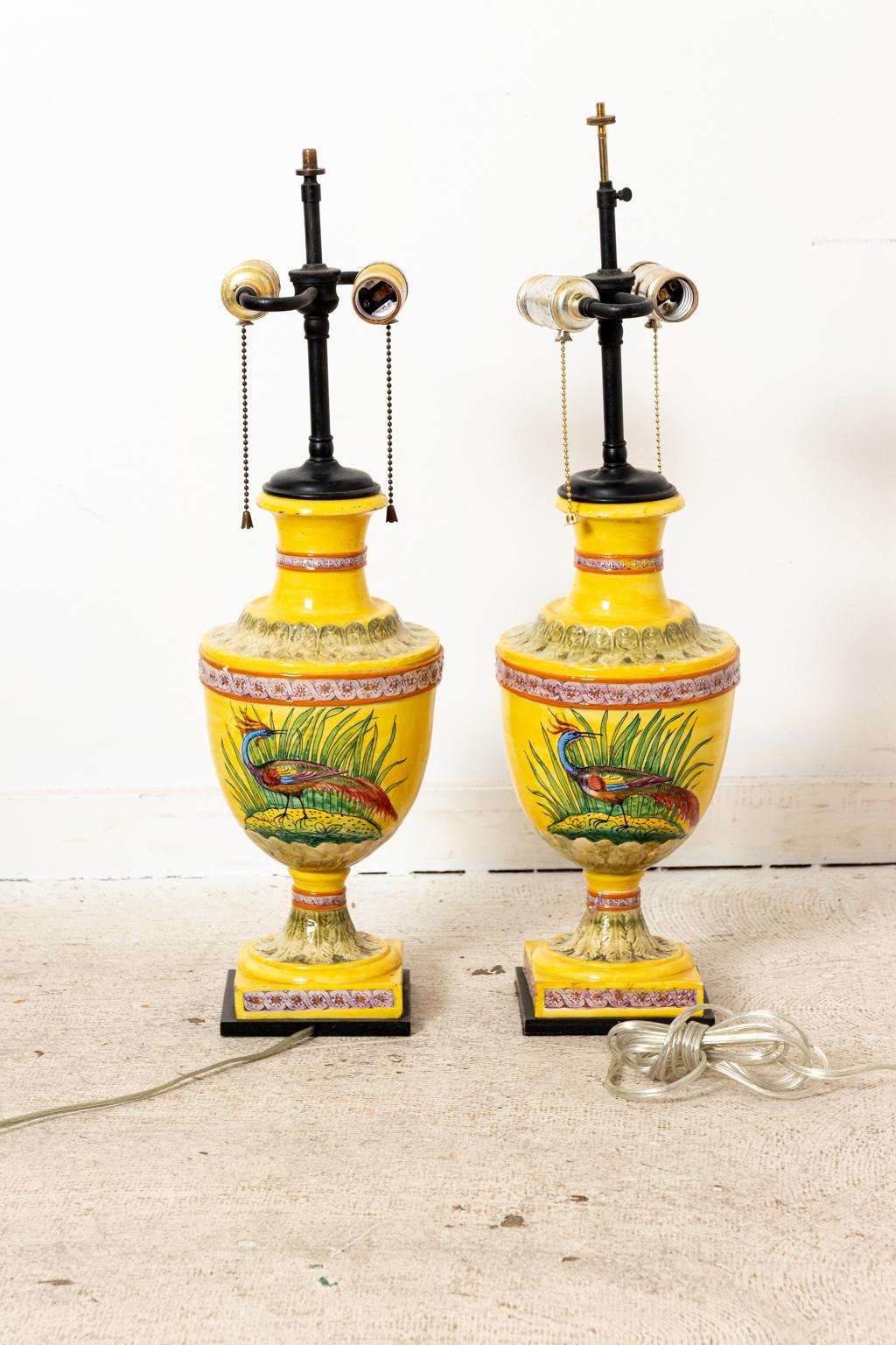 20th Century Pair of Urn Form Majolica Lamps For Sale