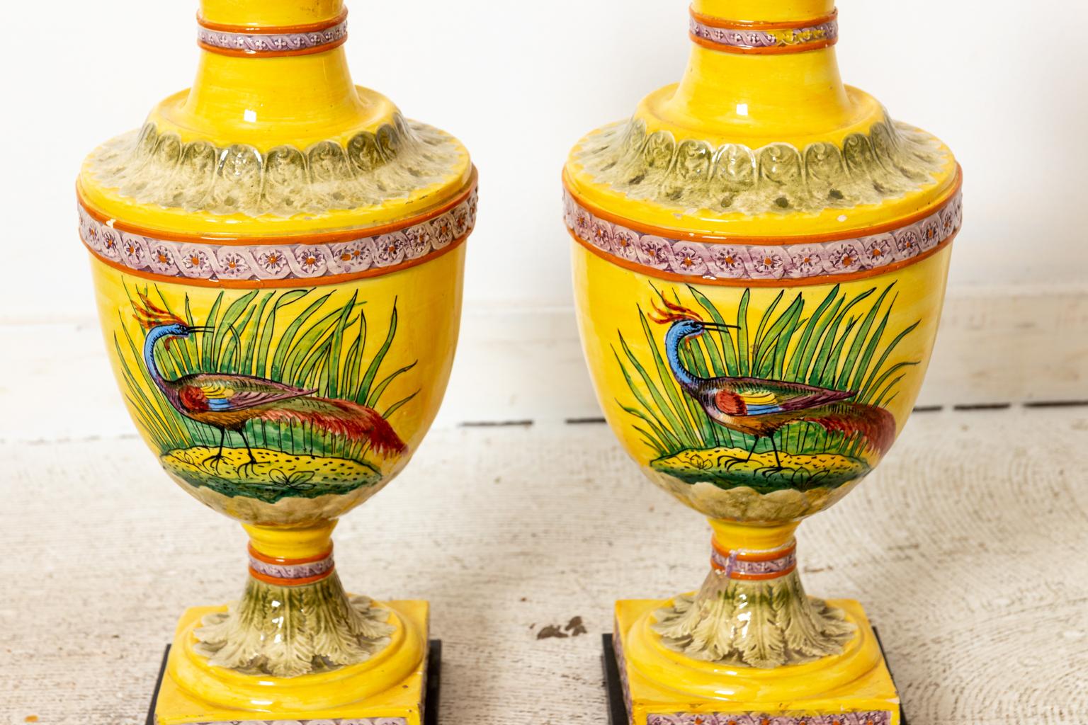 Pair of Urn Form Majolica Lamps For Sale 1
