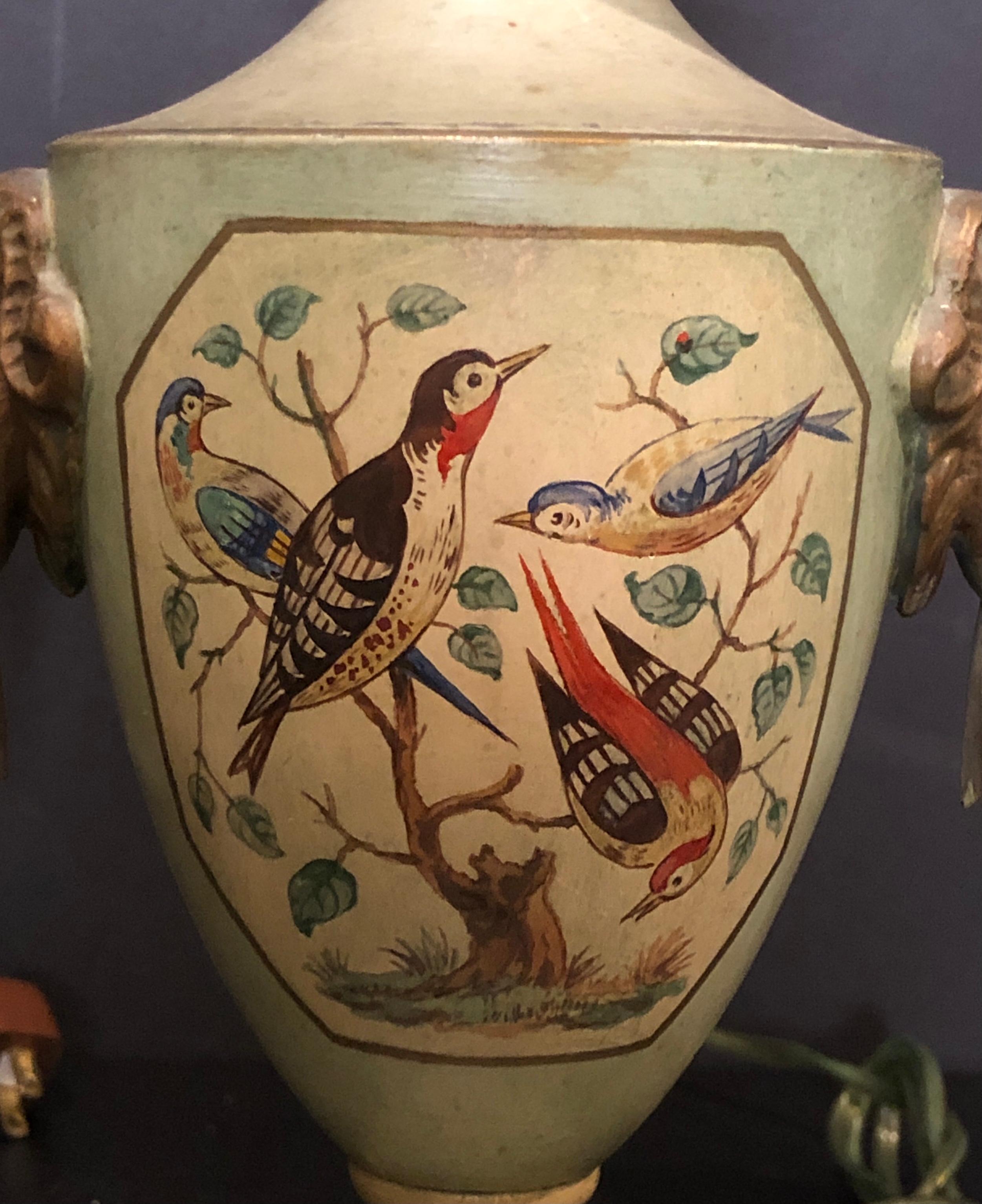 Neoclassical Pair of Urn Form Painted Tole Lamps