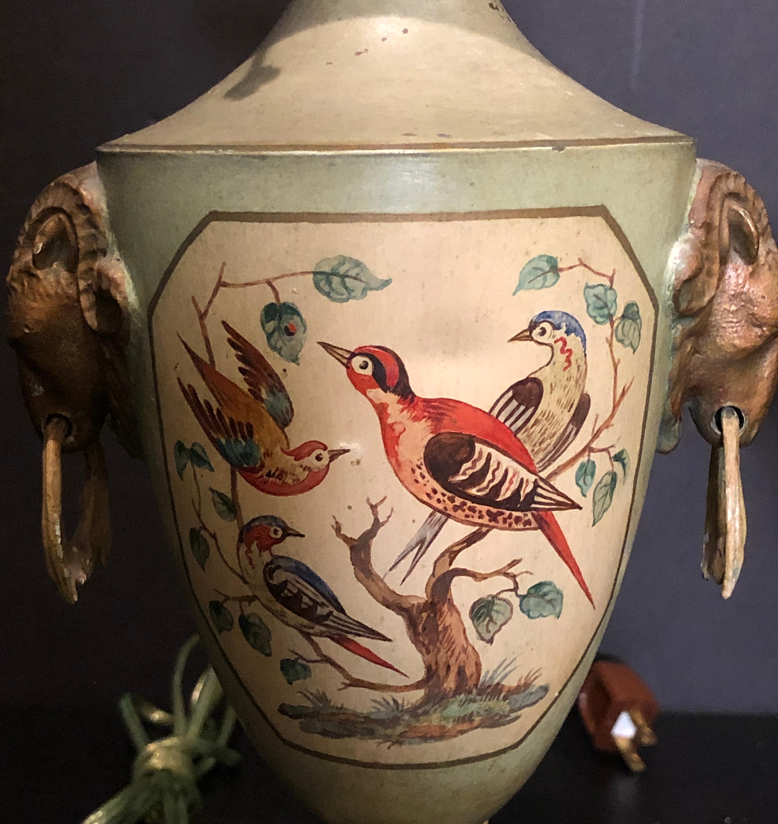 French Pair of Urn Form Painted Tole Lamps