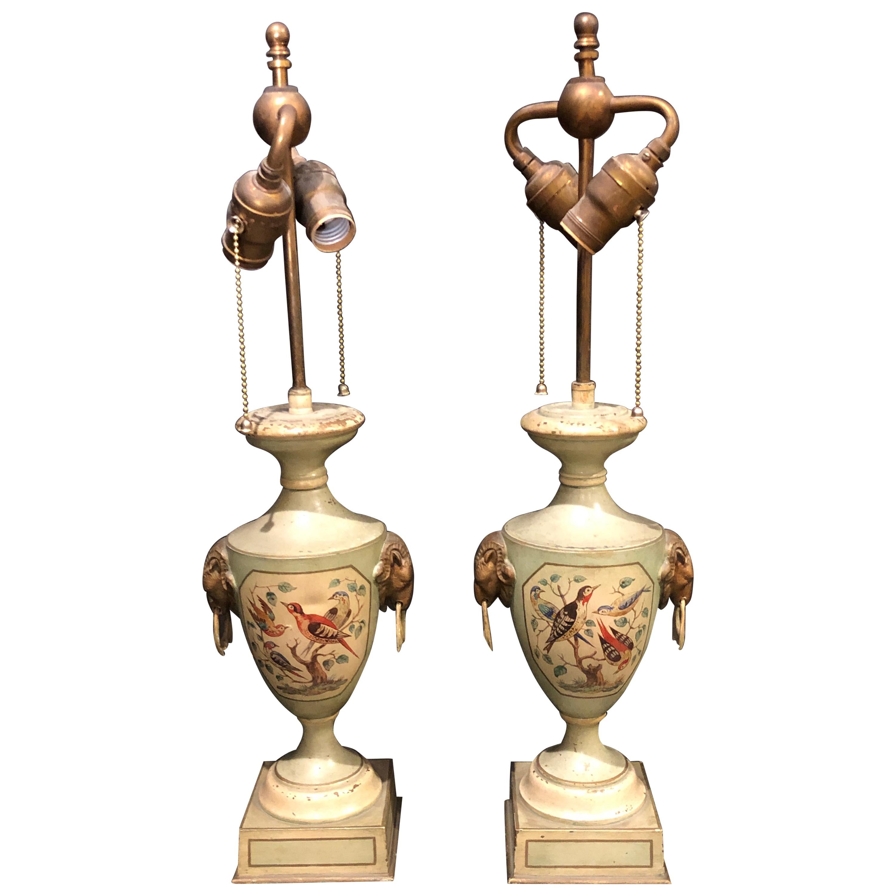 Pair of Urn Form Painted Tole Lamps