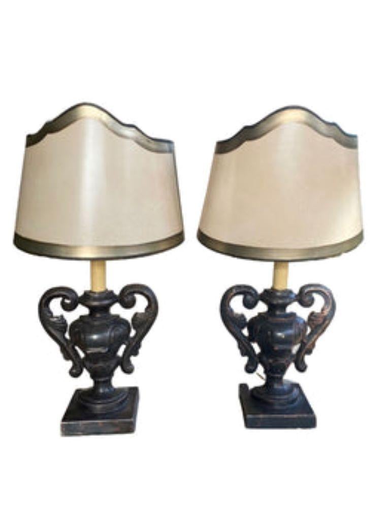 Baroque Pair of Urn Lamps with Half Shield Shades 'Italian' For Sale