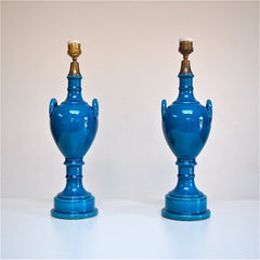 Pair of Urn-Shaped Table Lamps in Crackle Blue Glaze by Pol Chambost