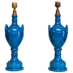 Pair of Urn-Shaped Table Lamps in Crackle Blue Glaze by Pol Chambost