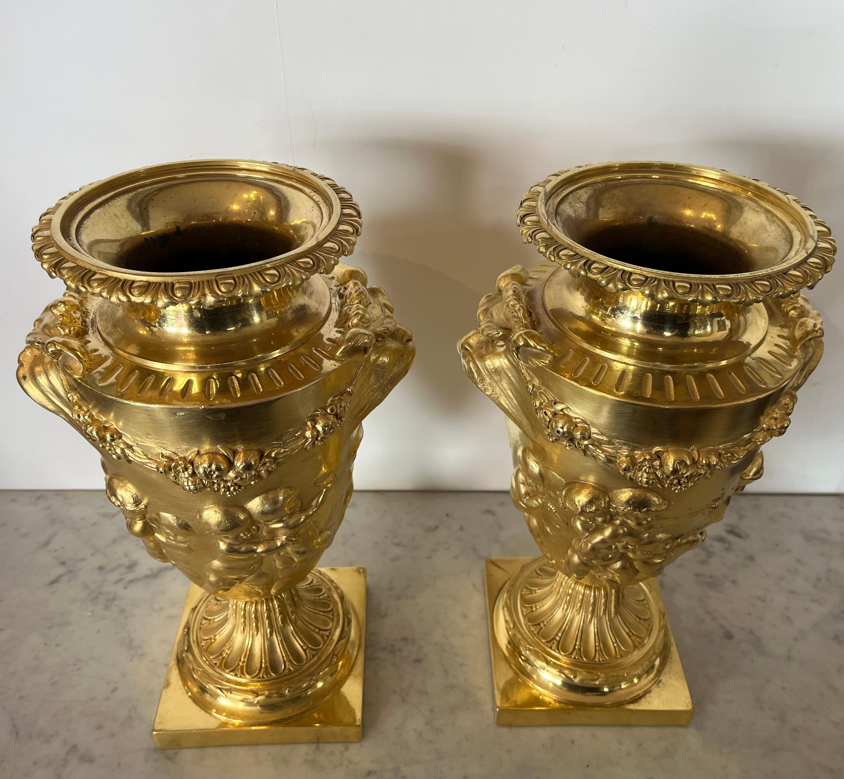 Napoleon III Pair Of Urns / Cassolettes - Gilt Bronze - (after Clodion) - France - 19th Centu For Sale