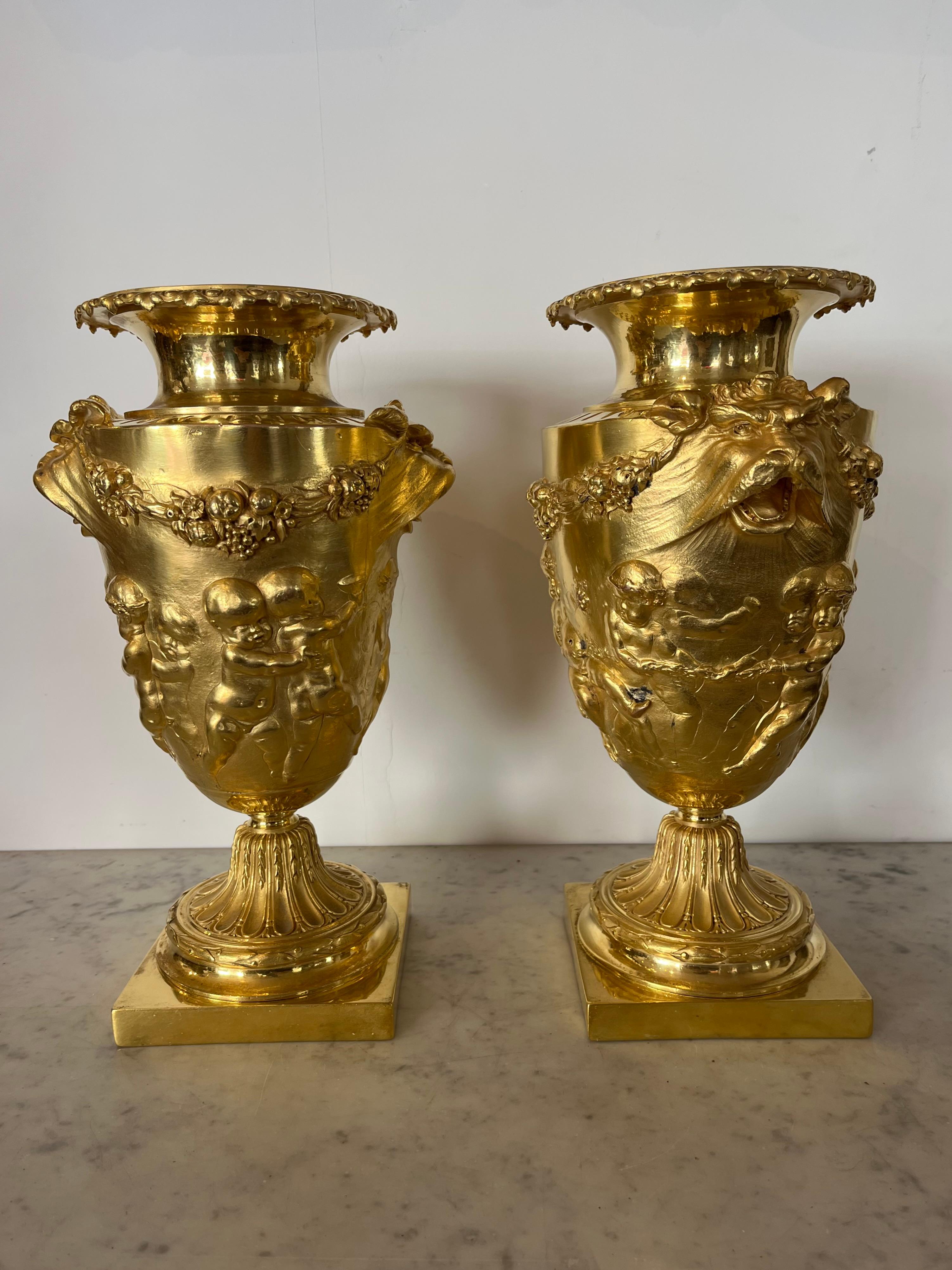 French Pair Of Urns / Cassolettes - Gilt Bronze - (after Clodion) - France - 19th Centu For Sale