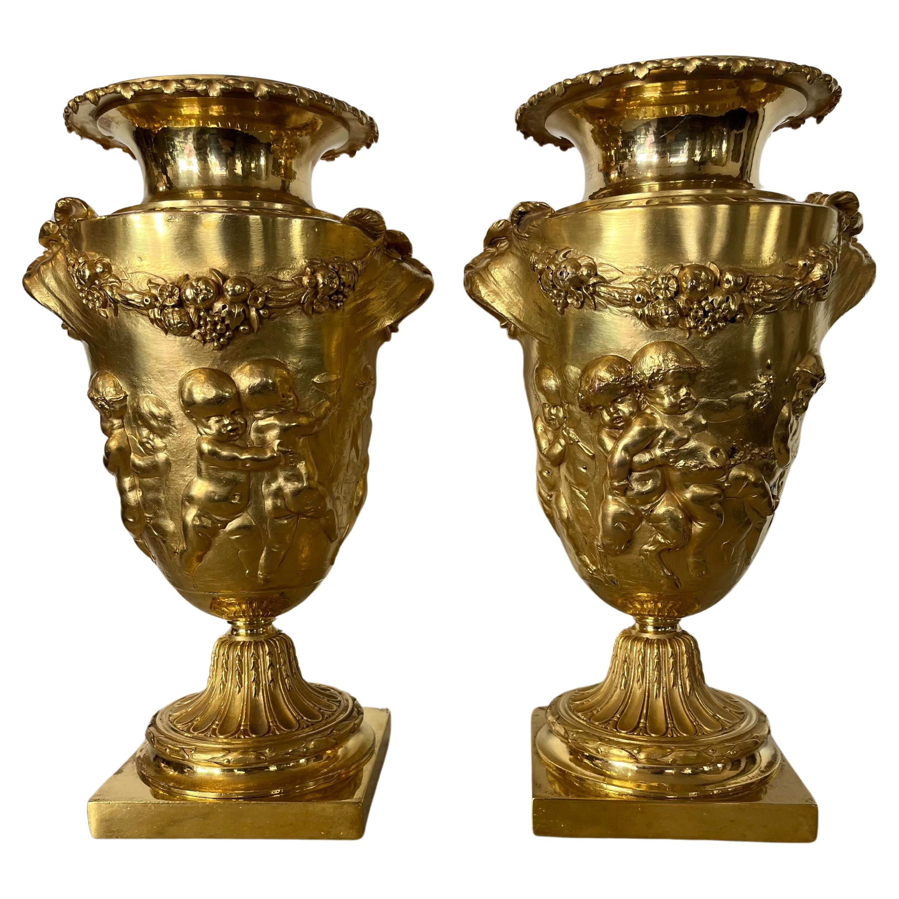 Pair Of Urns / Cassolettes - Gilt Bronze - (after Clodion) - France - 19th Centu For Sale