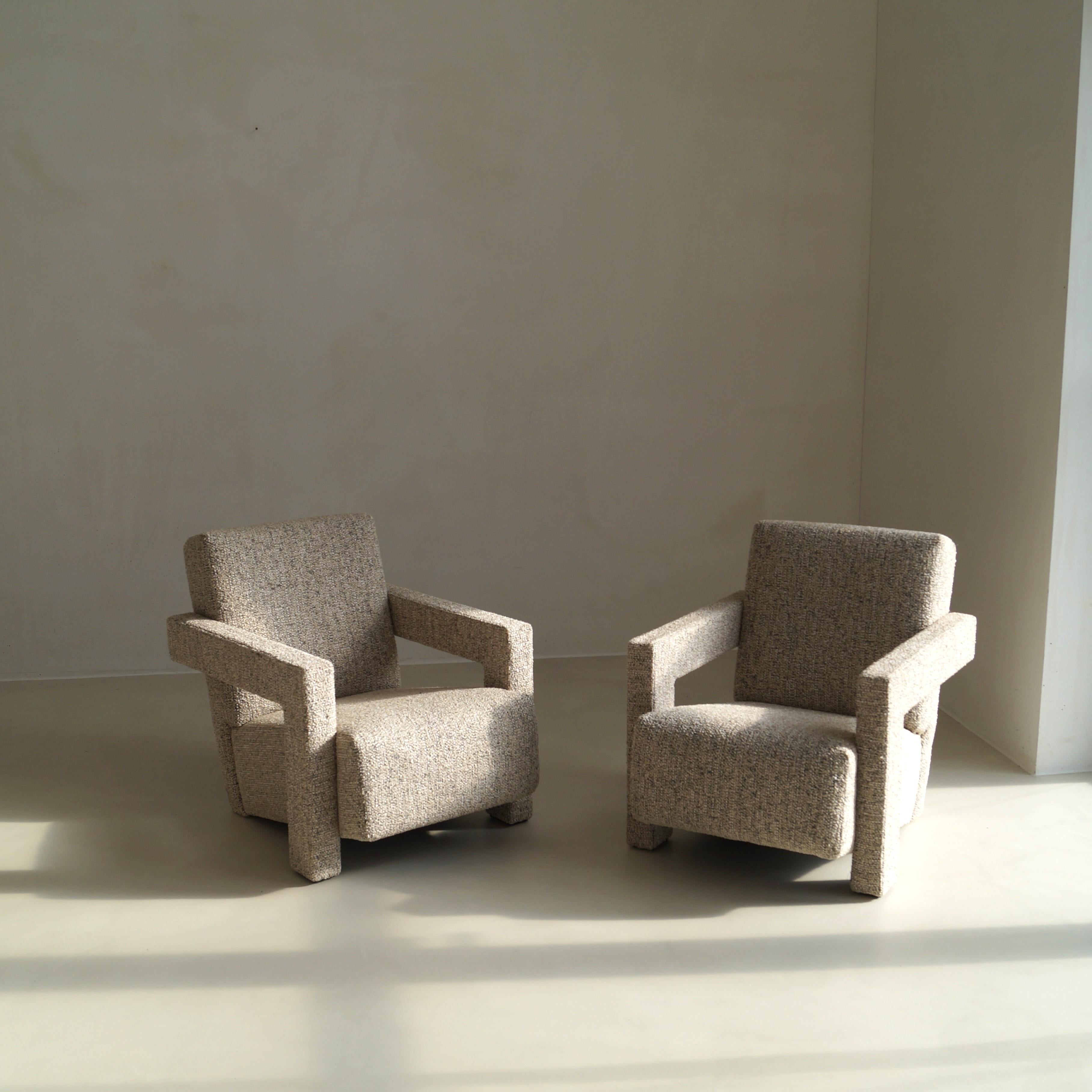 Pair of ‘Utrecht’( model R31) Armchairs, designed by Gerrit Rietveld in the mid 1930s. In 1988, to commemorate the centenary of Rietveld’s birth, Cassina resumed production of the Utrecht chair as part of its I Maestri collection. These 1990s