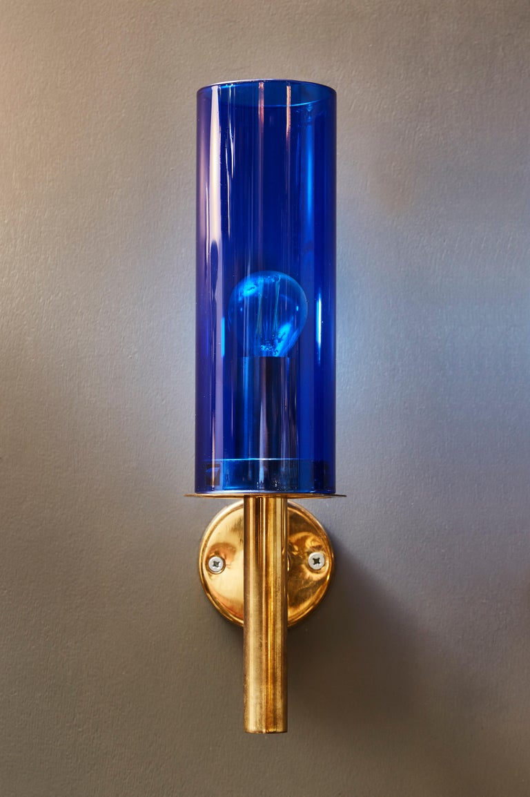 Pair of V169 Wall Sconces by Hans Agne Jakobsson with Blue Glass For