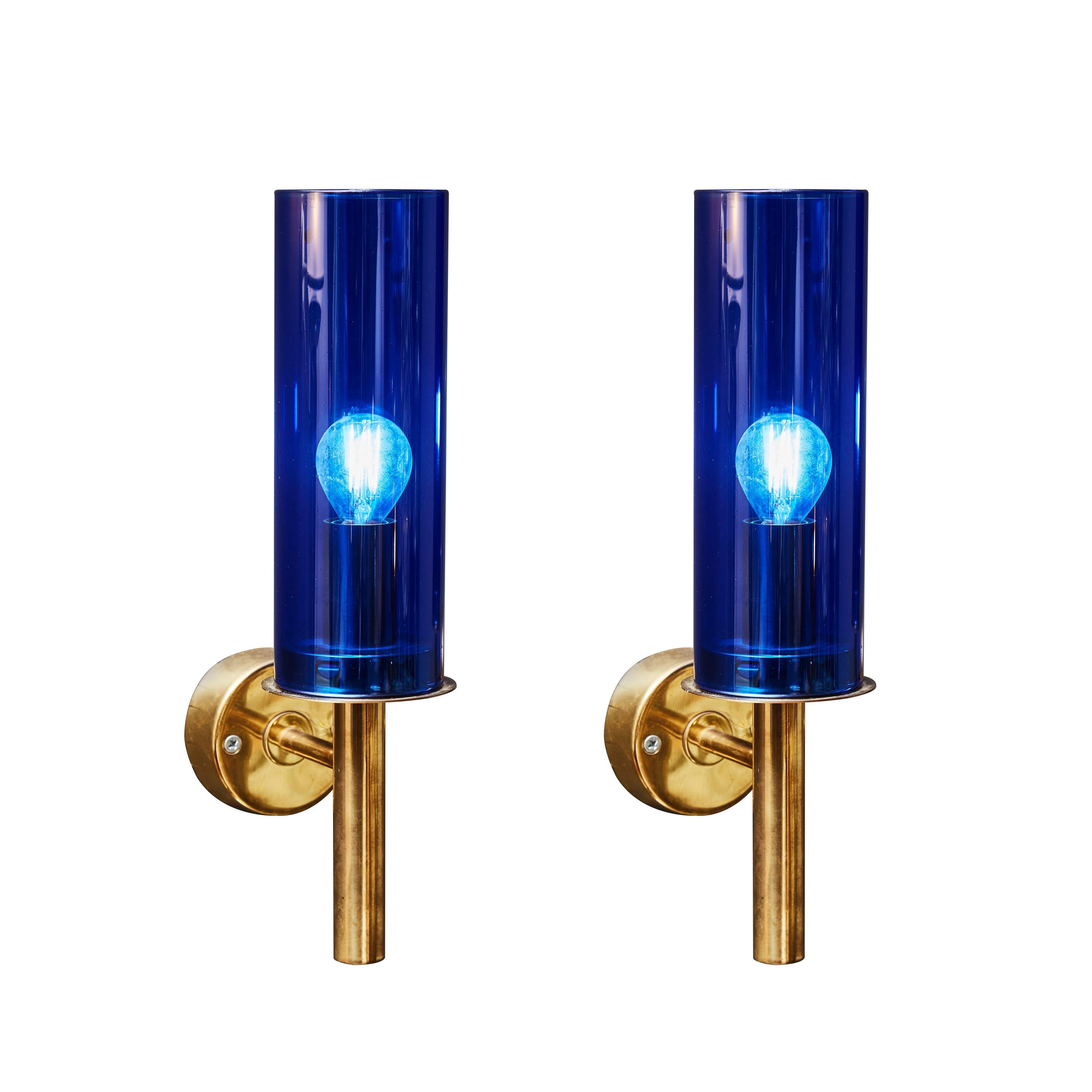 Pair of V-169 Wall Sconces by Hans Agne Jakobsson with Blue Glass For Sale