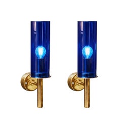 Pair of V-169 Wall Sconces by Hans Agne Jakobsson with Blue Glass
