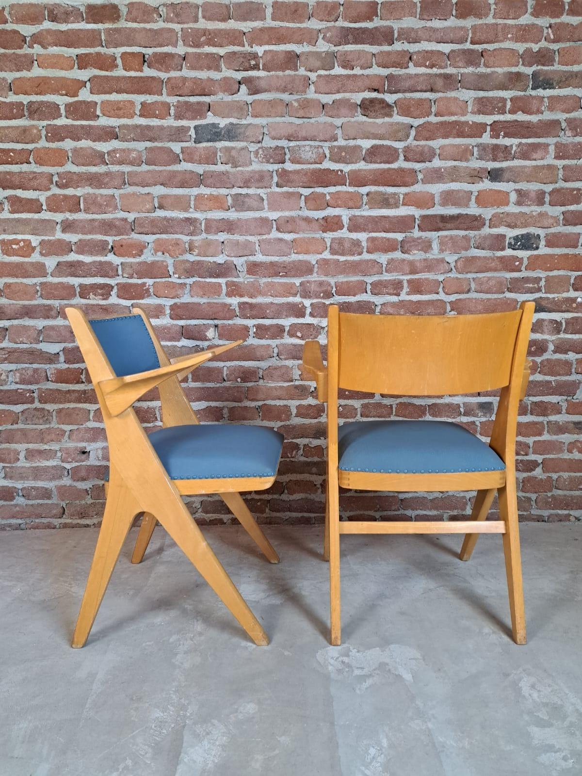 Dutch Pair of “V” Armchairs in Wood and Fake Leather from Casala, 1950 For Sale