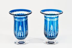 Pair of Val Saint Lambert Art Deco Crystal Vases Teal Blue Overlay Cut to Clear