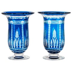 Pair of Val Saint Lambert Art Deco Crystal Vases Teal Blue Overlay Cut to Clear