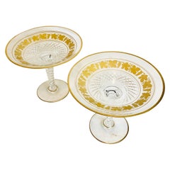Pair of Val St Lambert Cut Crystal Compotes with Decoration of Gilded Grapevines