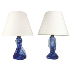 Pair of Val St. Lambert Table Lamps in Clear and Blue Glass, Belgium
