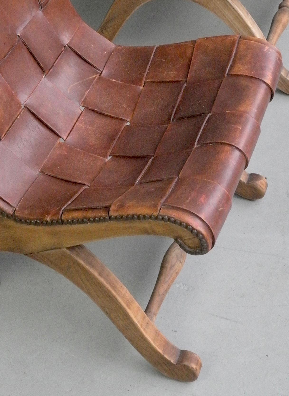 Mid-Century Modern Pair of Valenti Midcentury Cognac Patina Leather Strap Slipper Lounge Chairs
