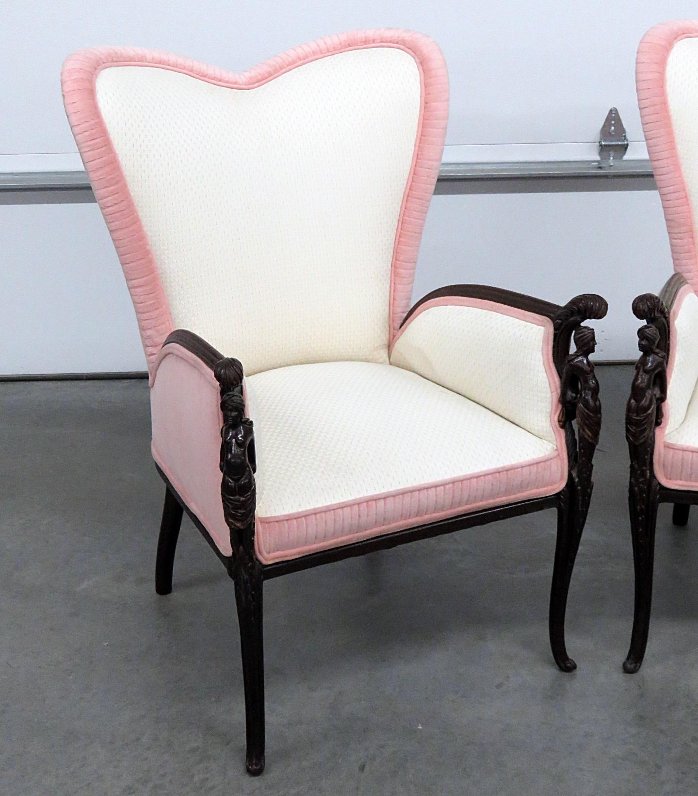 Pair of heart shaped back Valentines design wing chairs.
