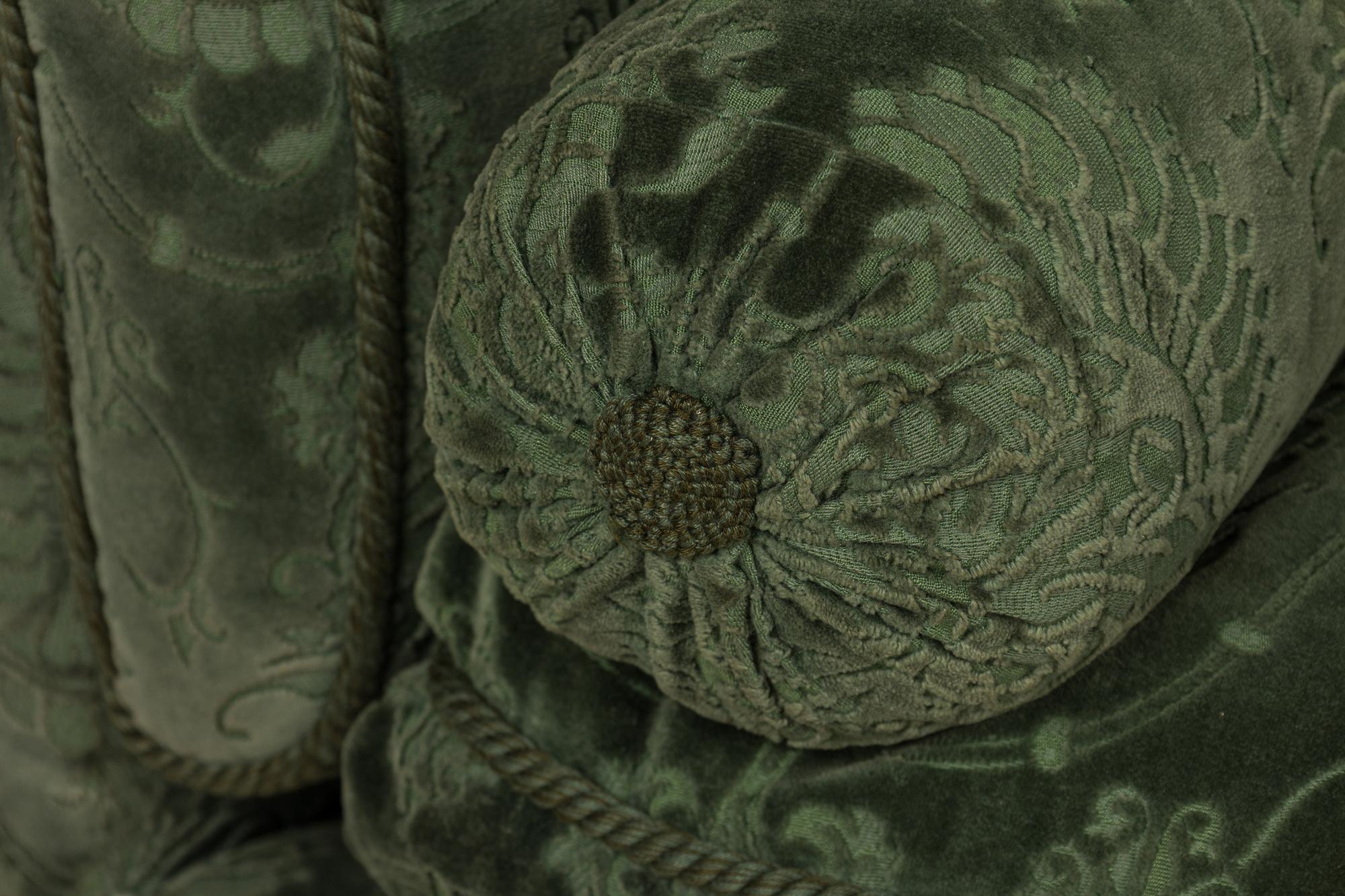 Pair of Valentino French Victorian Style Green Damask Velvet Sofas 6