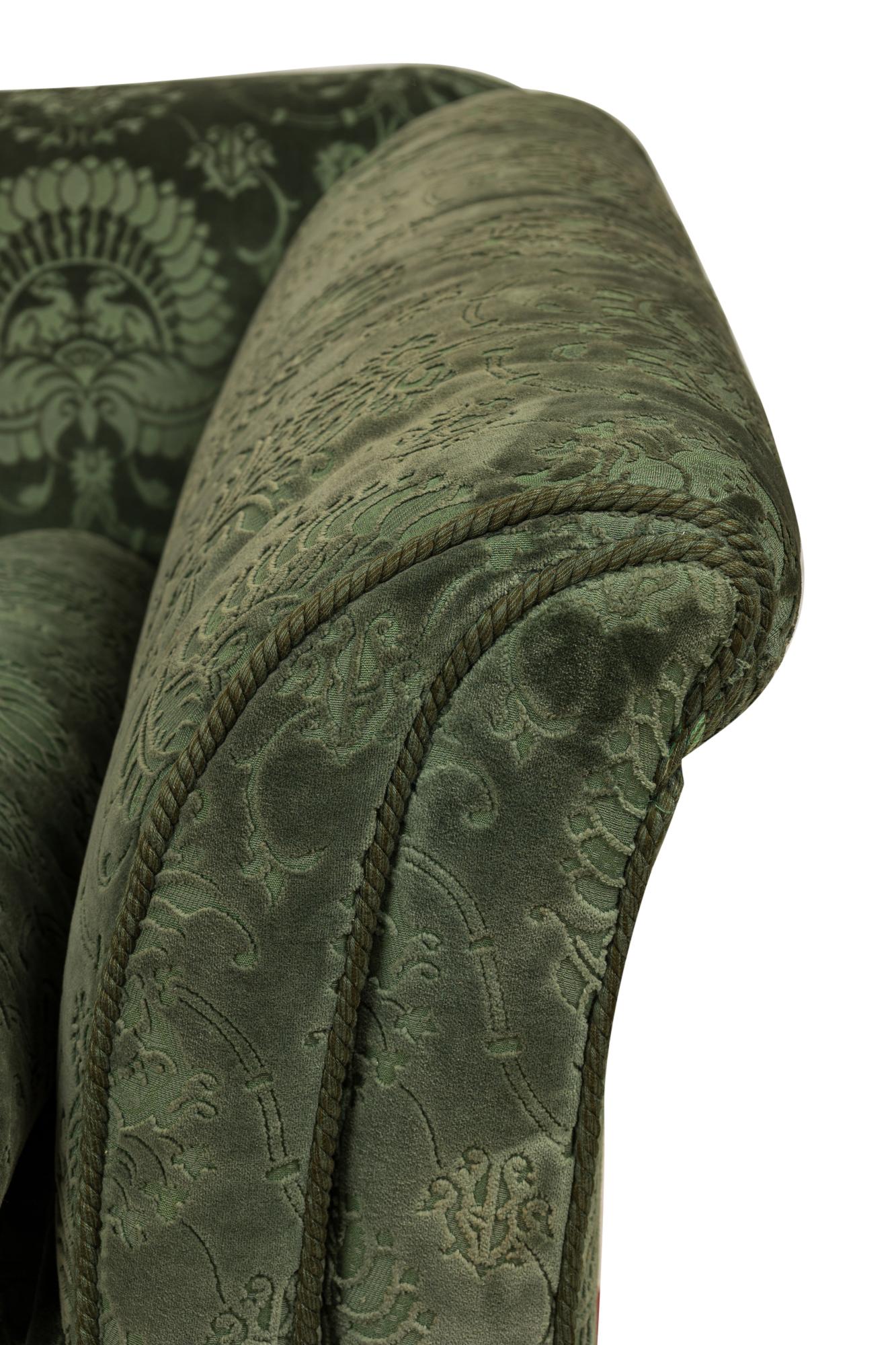 Pair of Valentino French Victorian Style Green Damask Velvet Sofas 7