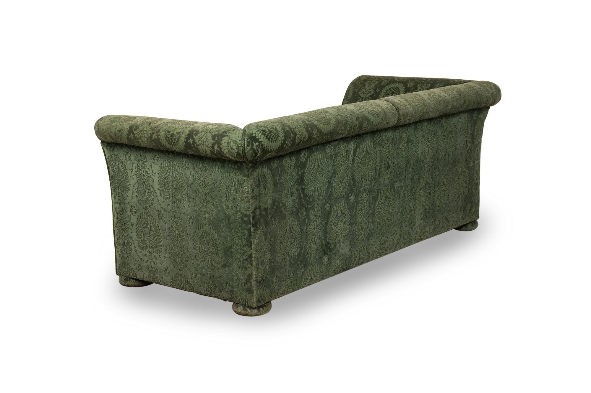 Pair of Valentino French Victorian Style Green Damask Velvet Sofas 1