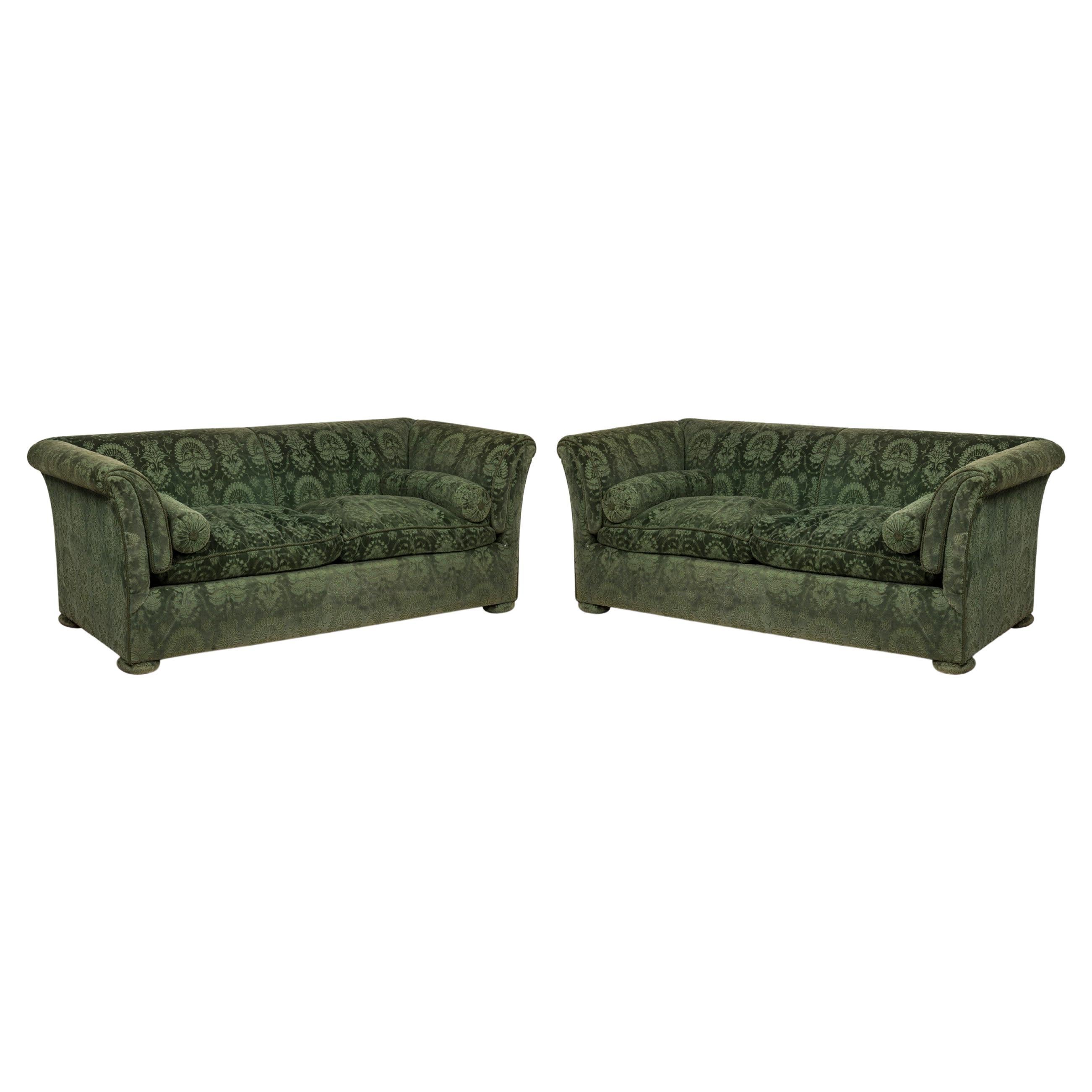 Pair of Valentino French Victorian Style Green Damask Velvet Sofas