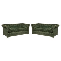 Pair of Valentino French Victorian Style Green Damask Velvet Sofas