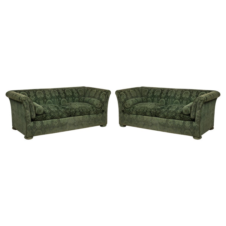 Pair of Valentino French Victorian Style Green Damask Velvet Sofas For