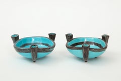 Pair of Blue Ceramic Candelabra Cups, Vallauris, France, 1955