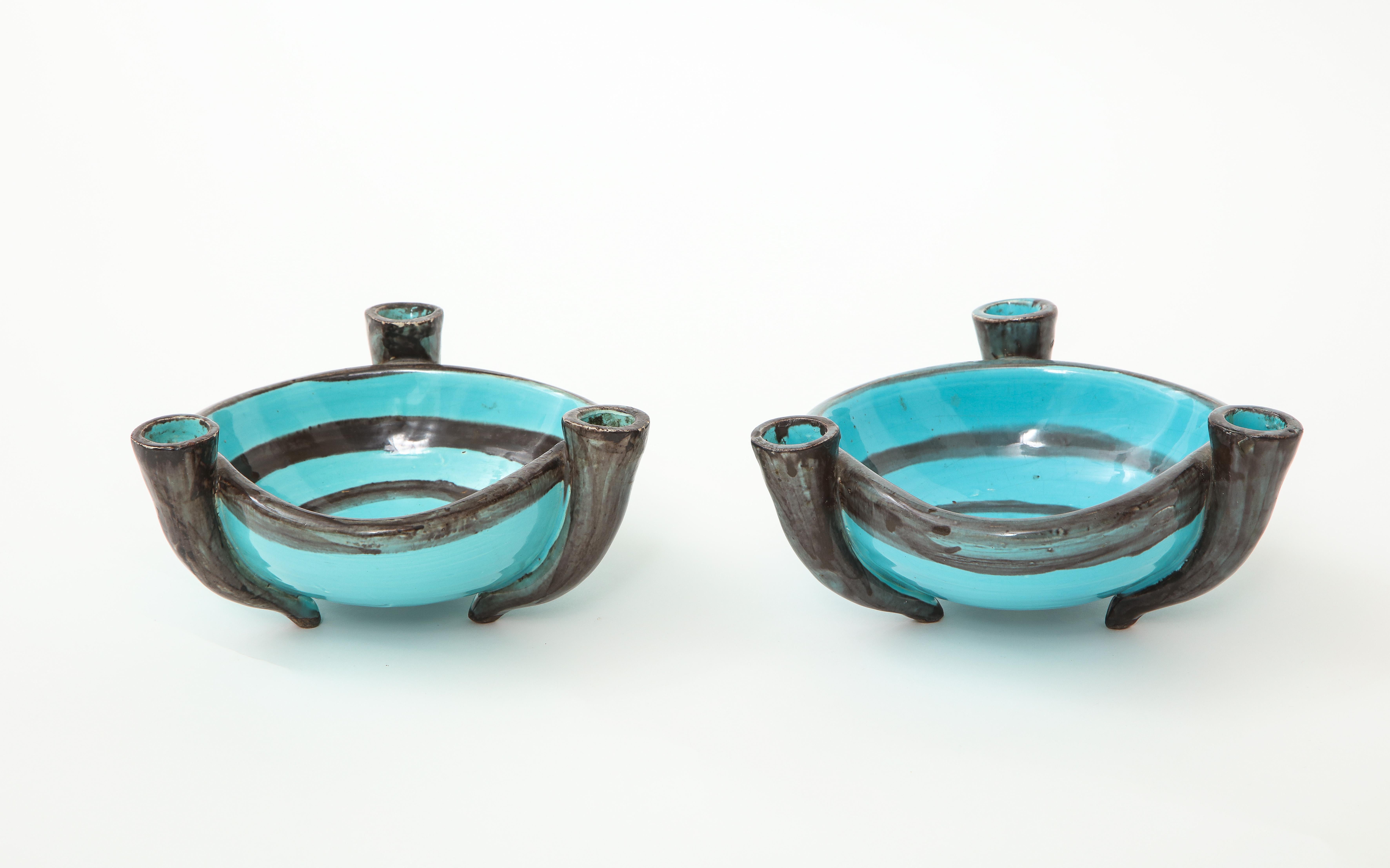 Mid-Century Modern Pair of Blue Ceramic Candelabra Cups, Vallauris, France, 1955 For Sale