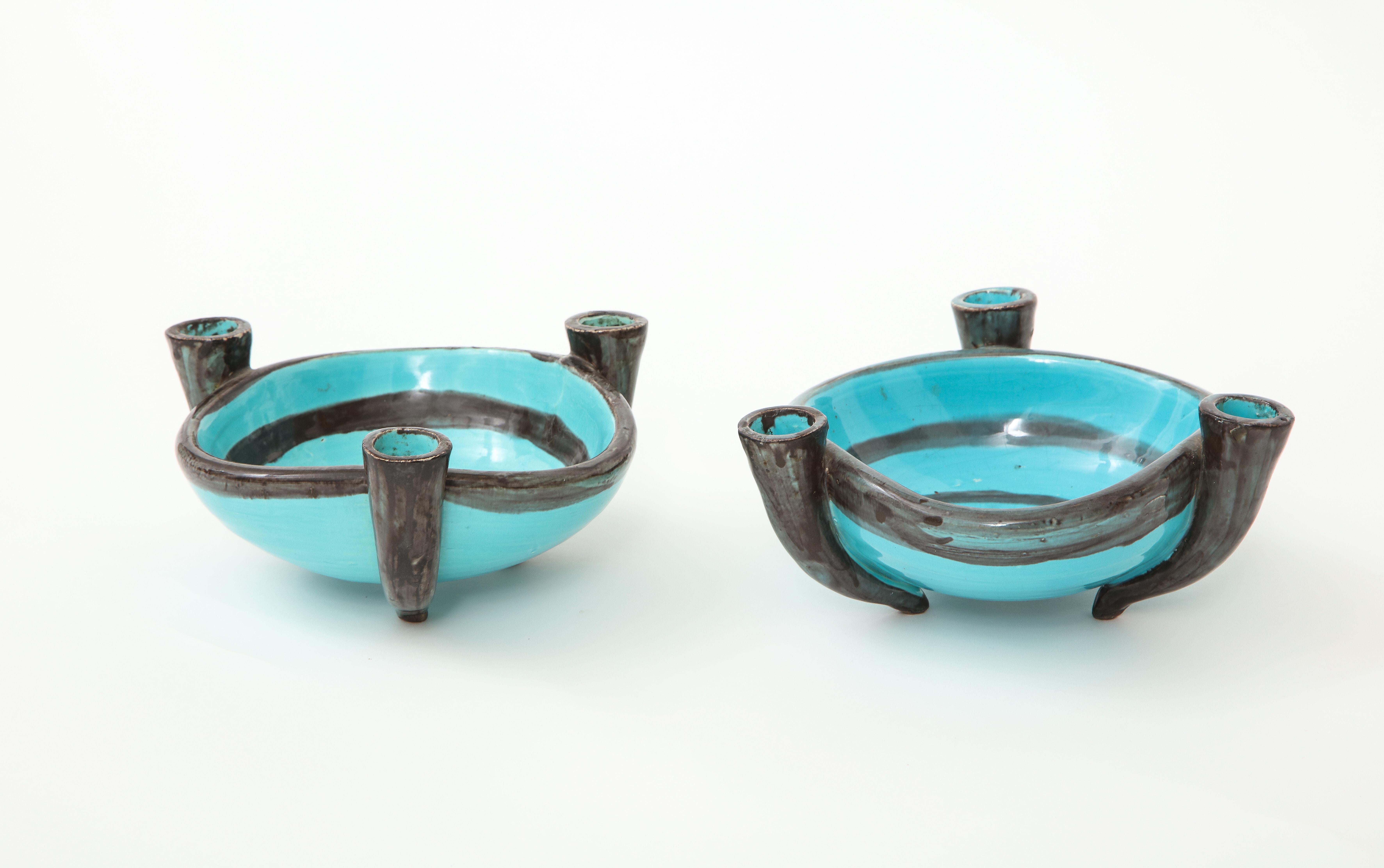 French Pair of Blue Ceramic Candelabra Cups, Vallauris, France, 1955 For Sale