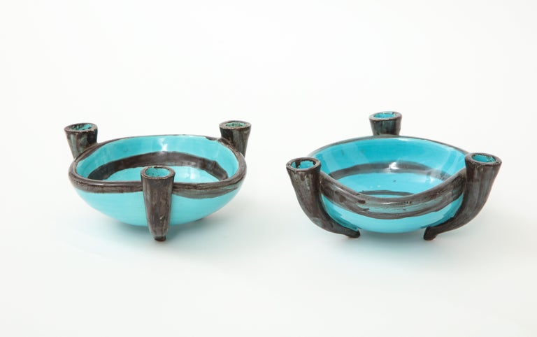 French Pair of Blue Ceramic Candelabra Cups, Vallauris, France, 1955 For Sale