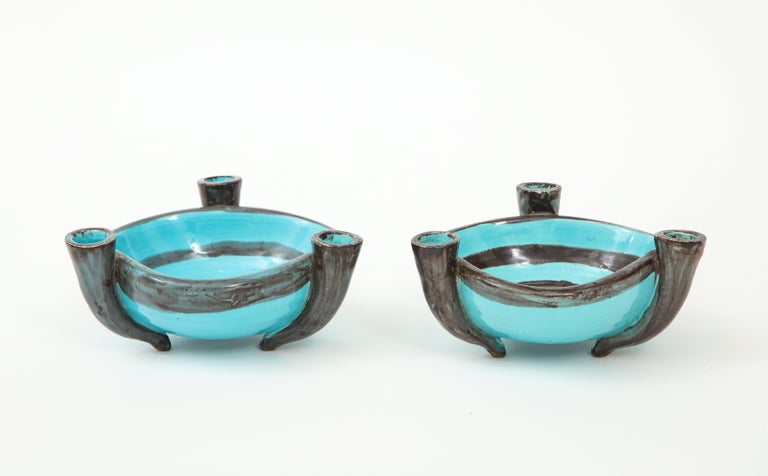 Glazed Pair of Blue Ceramic Candelabra Cups, Vallauris, France, 1955 For Sale
