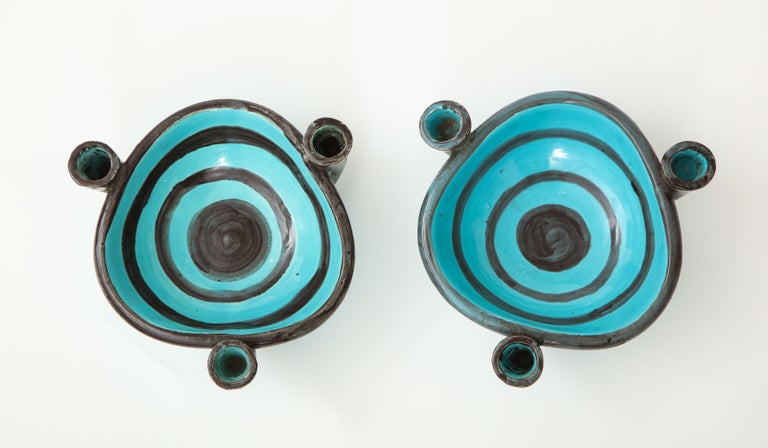 Pair of Blue Ceramic Candelabra Cups, Vallauris, France, 1955 In Excellent Condition For Sale In New York City, NY