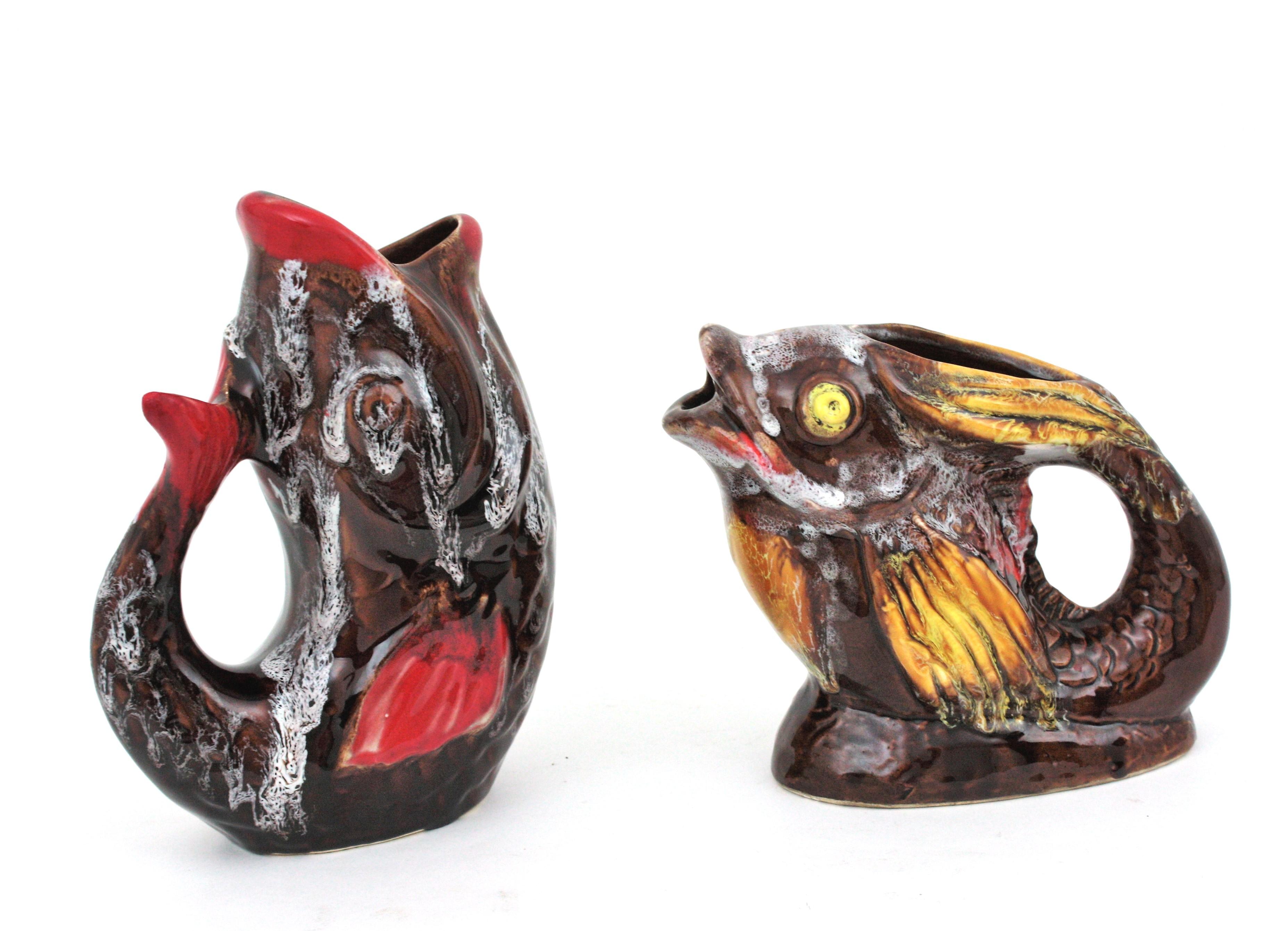 20th Century Pair of Vallauris Glazed Ceramic Majolica Gurgle Fish Jug Pitchers, 1950s For Sale