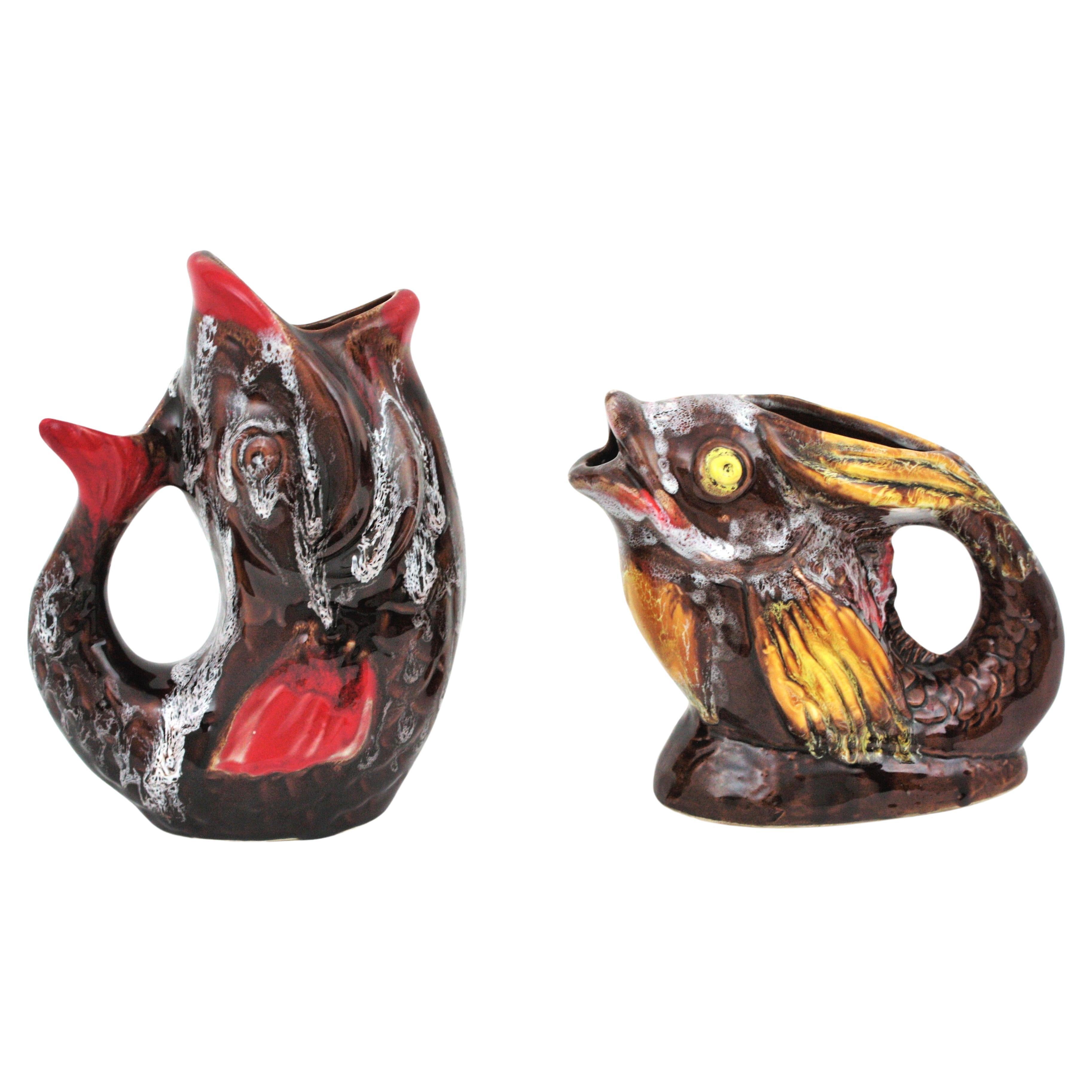 Pair of Vallauris Glazed Ceramic Majolica Gurgle Fish Jug Pitchers, 1950s