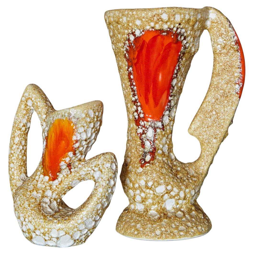 Coppia di vasi in ceramica a lava grassa in stile Vallauris con smalto arancione in vendita
